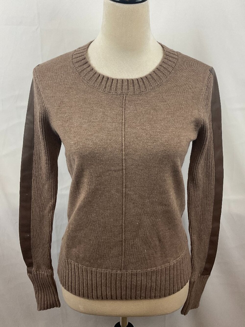 Evereve Harlow Leather Pullover Sweater S Heathered Mocha Brown Long Sleeve NWT